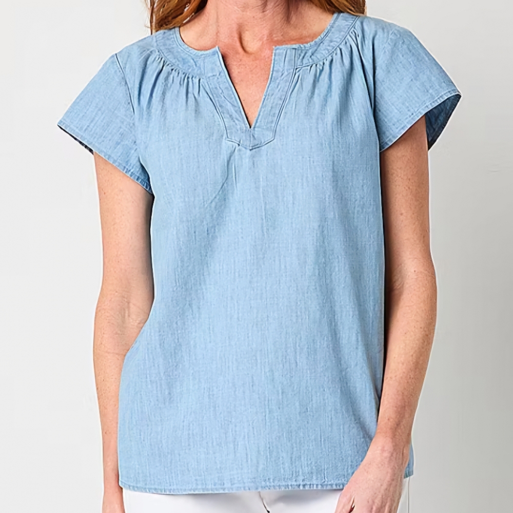 St. John's Bay Denim Split Crew Neck Top Size XXL XXLARGE New with Tag